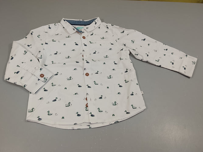 Chemise m.l blanche, motifs canards, poche chino, moins cher chez Petit Kiwi