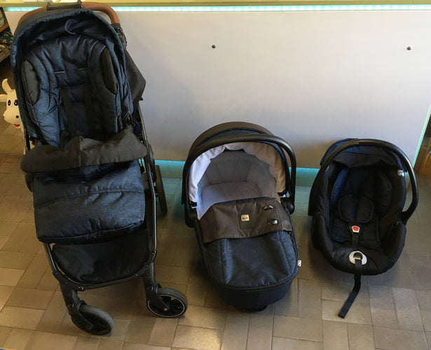 Poussette trio Cam bleue avec chancelière-Sac à langer-Moustiquaire-Prote.ction de pluie, moins cher chez Petit Kiwi