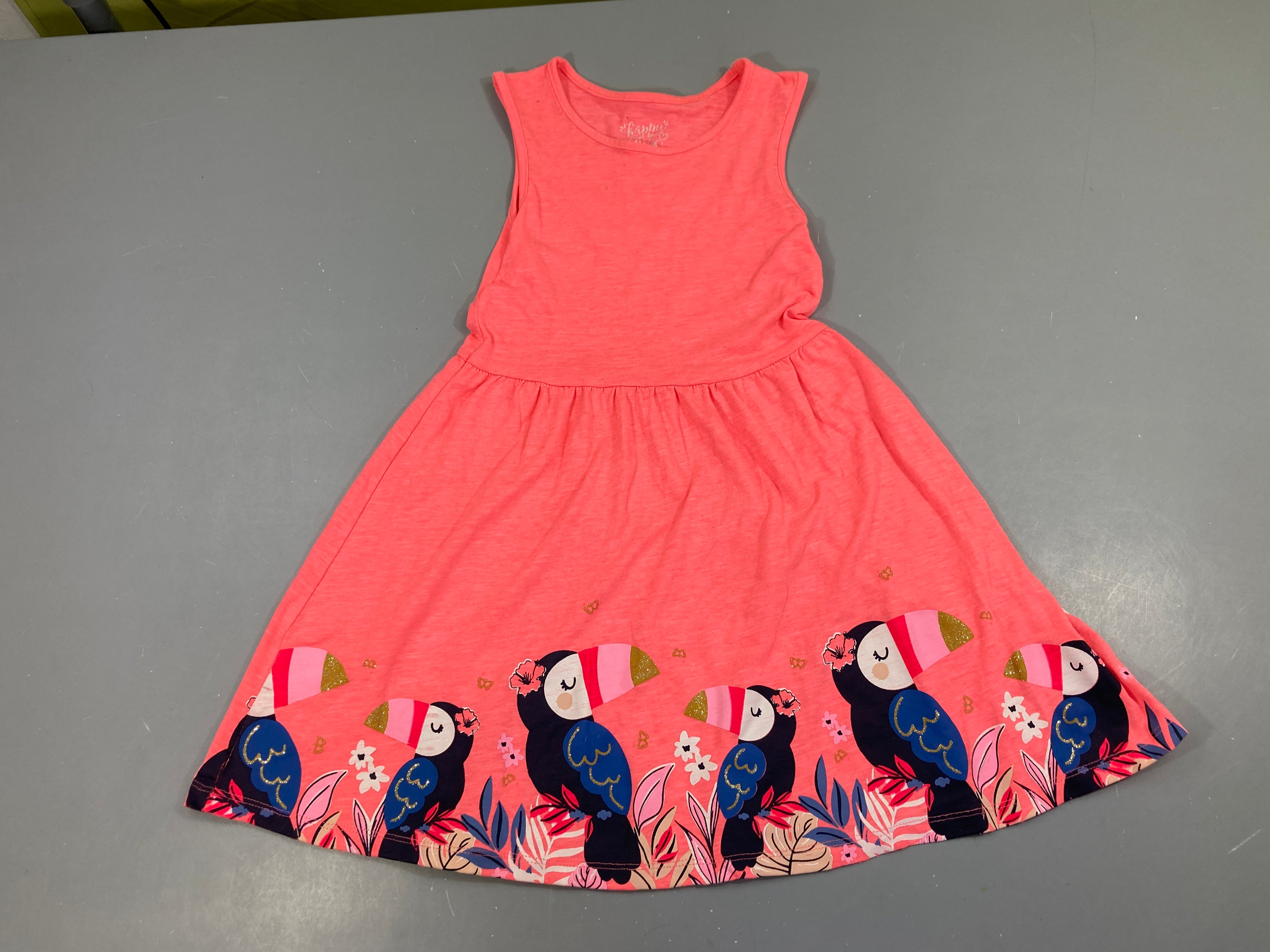 Robe s.m jersey rose néon flammé toucans, légèrement bouloché