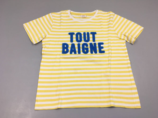T-shirt m.c blanc rayé jaune tout baigne, légèrement bouloché, moins cher chez Petit Kiwi