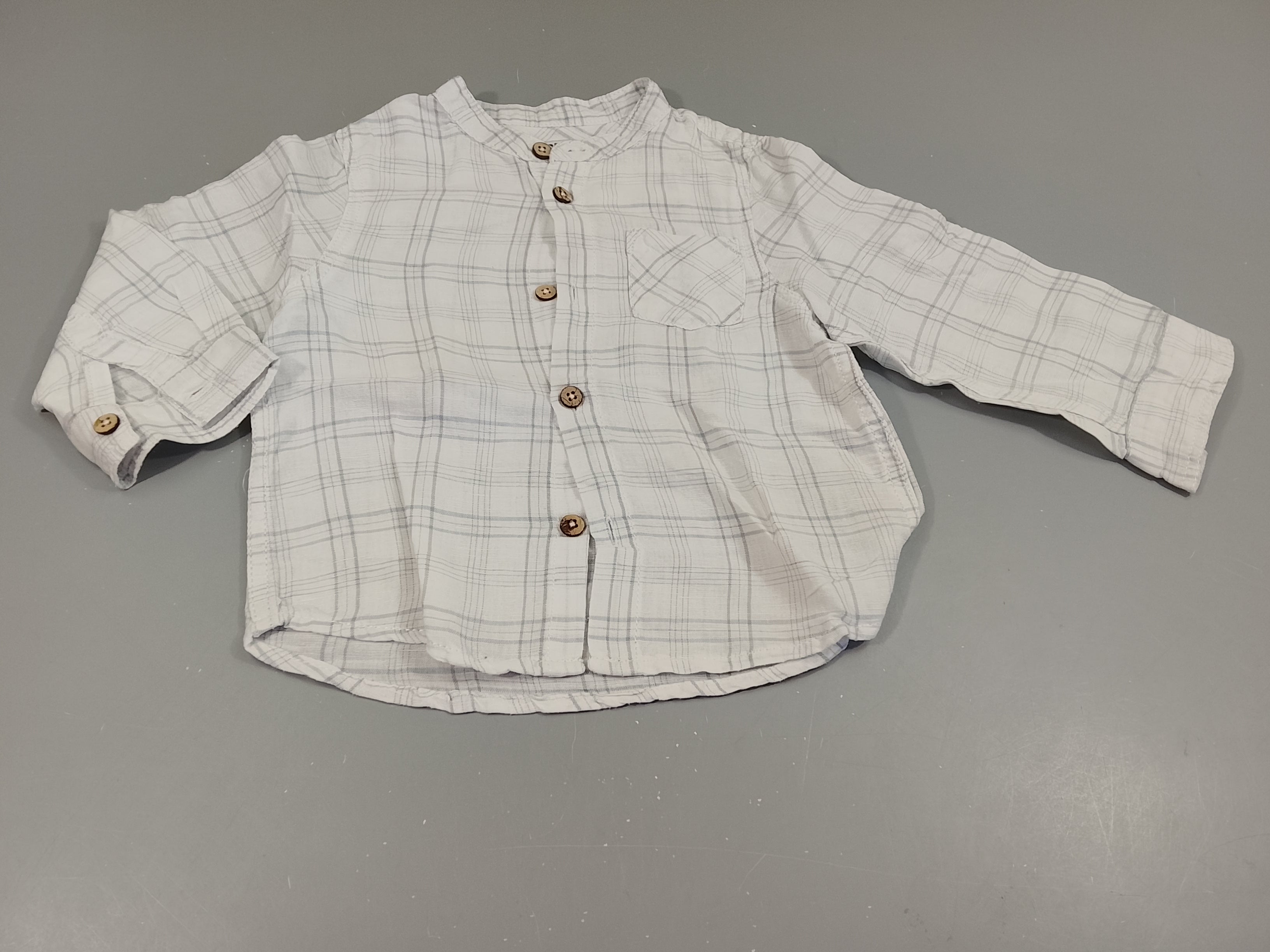 Chemise m.l Creeks blanche à carreaux bleu clair, col mao