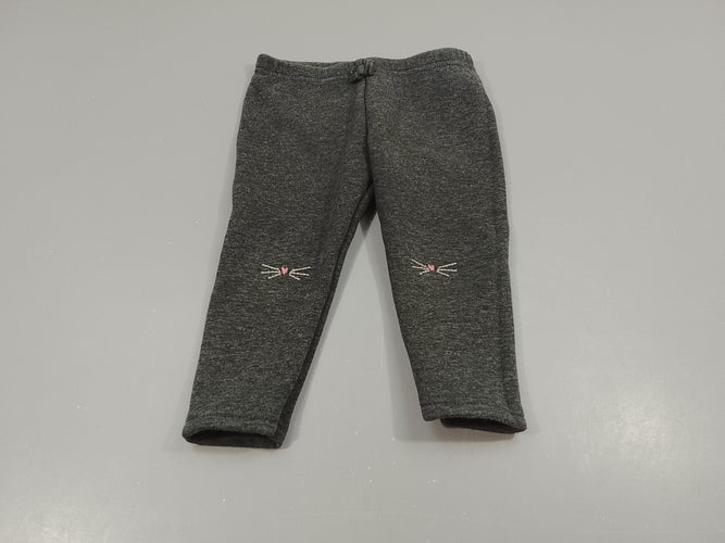 Legging chaud gris chiné, moustaches de chat brodées genoux, moins cher chez Petit Kiwi