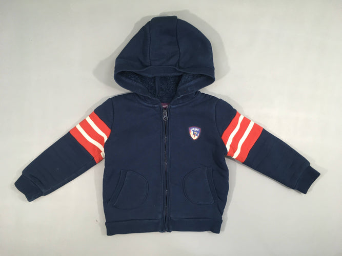 Sweat zippé à capuche bleu foncé doublé peluche Swing Motif skieur au dos, moins cher chez Petit Kiwi