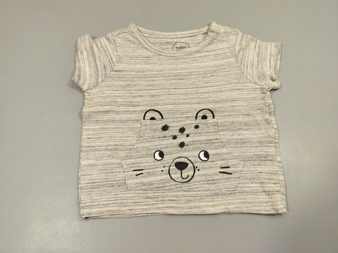 T-shirt m.c  (matière polo) rayé gris et blanc flammé, , poche léopard 95% coton 5% polyester, moins cher chez Petit Kiwi