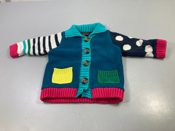 Gilet multicolore, manches rayées/pois, poches jaune et vert, moins cher chez Petit Kiwi