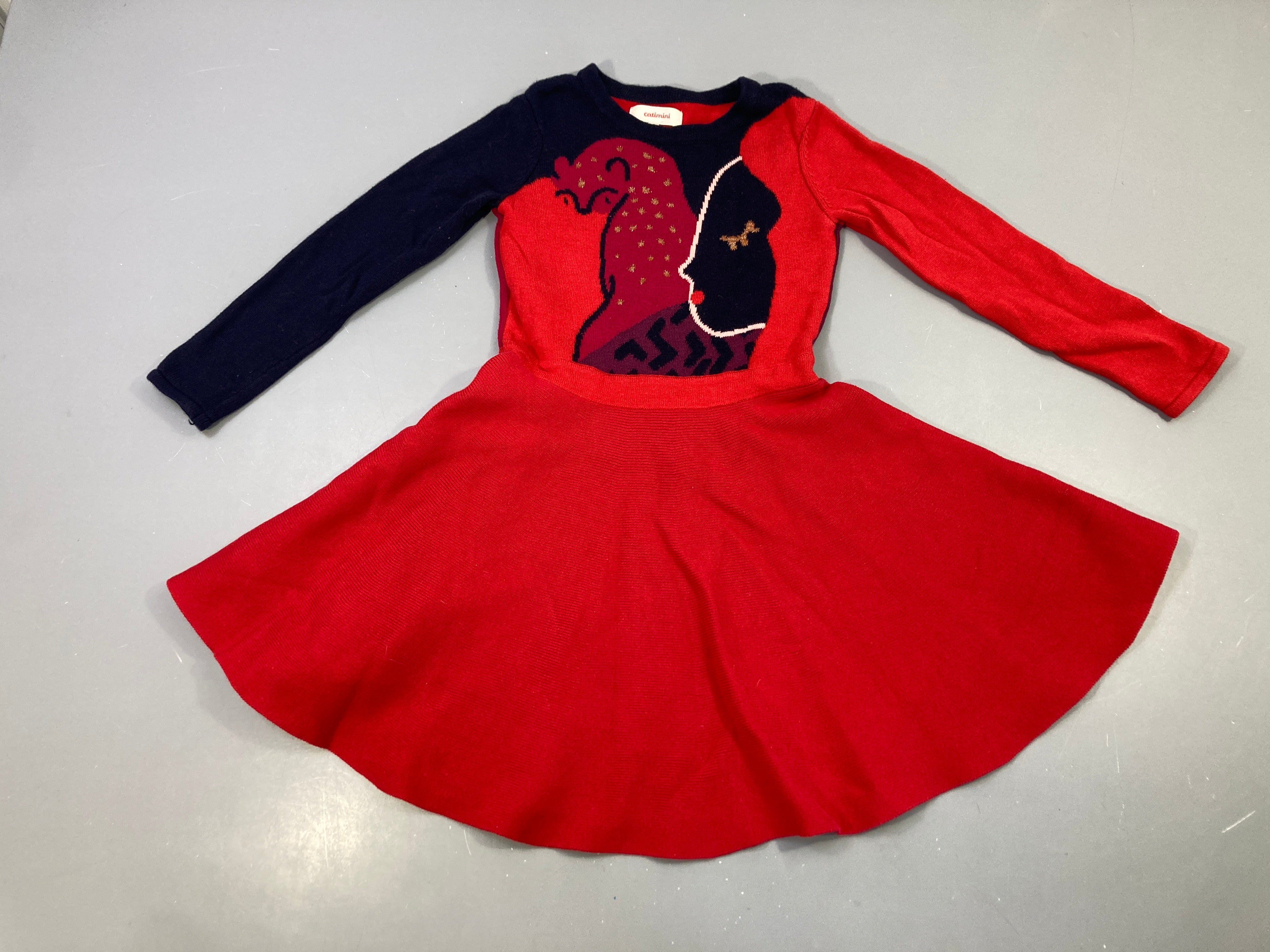 Robe m.l rouge/marine, motif renard tricoté doré
