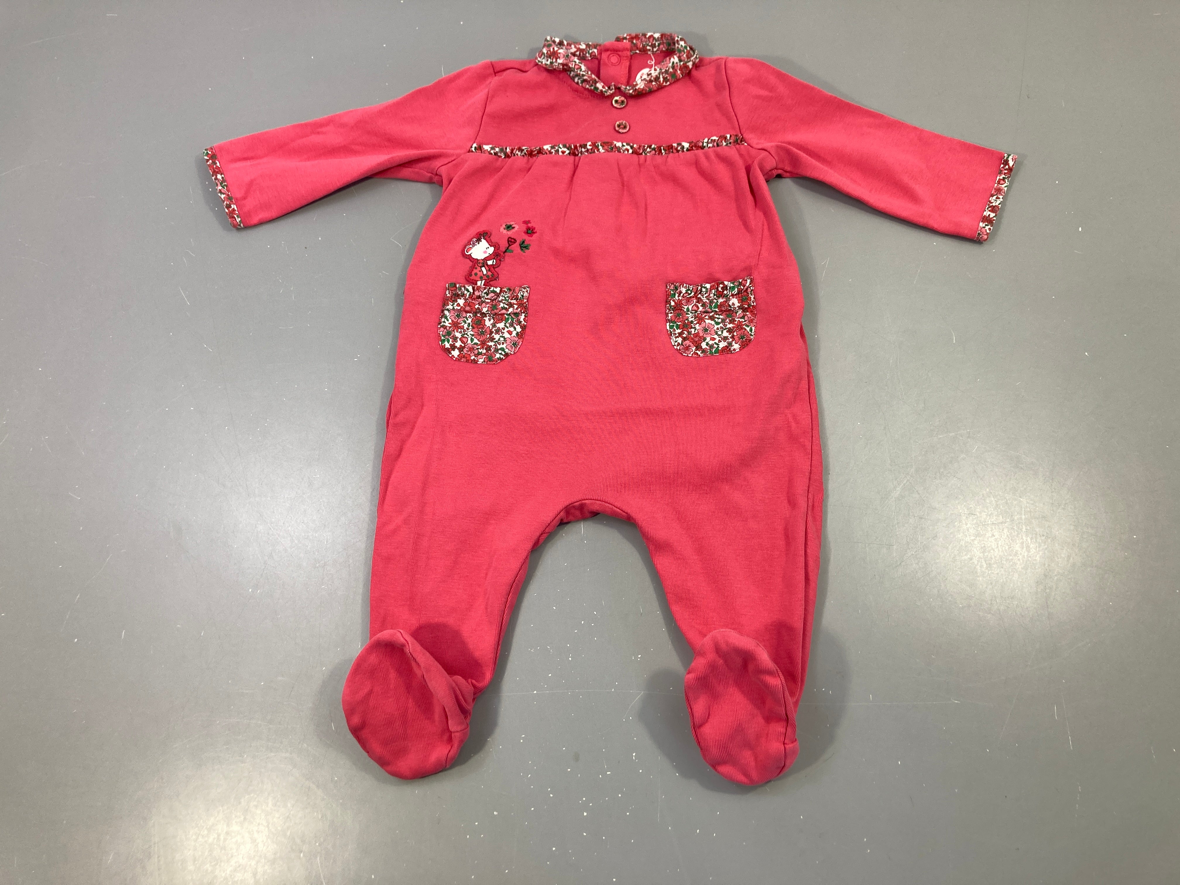 Pyjama jersey rose fleuri, brodé souris, poches fleuries