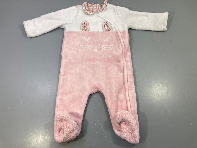 Pyjama polaire blanc/rose, oreilles fleuries, museau chat brodé, moins cher chez Petit Kiwi