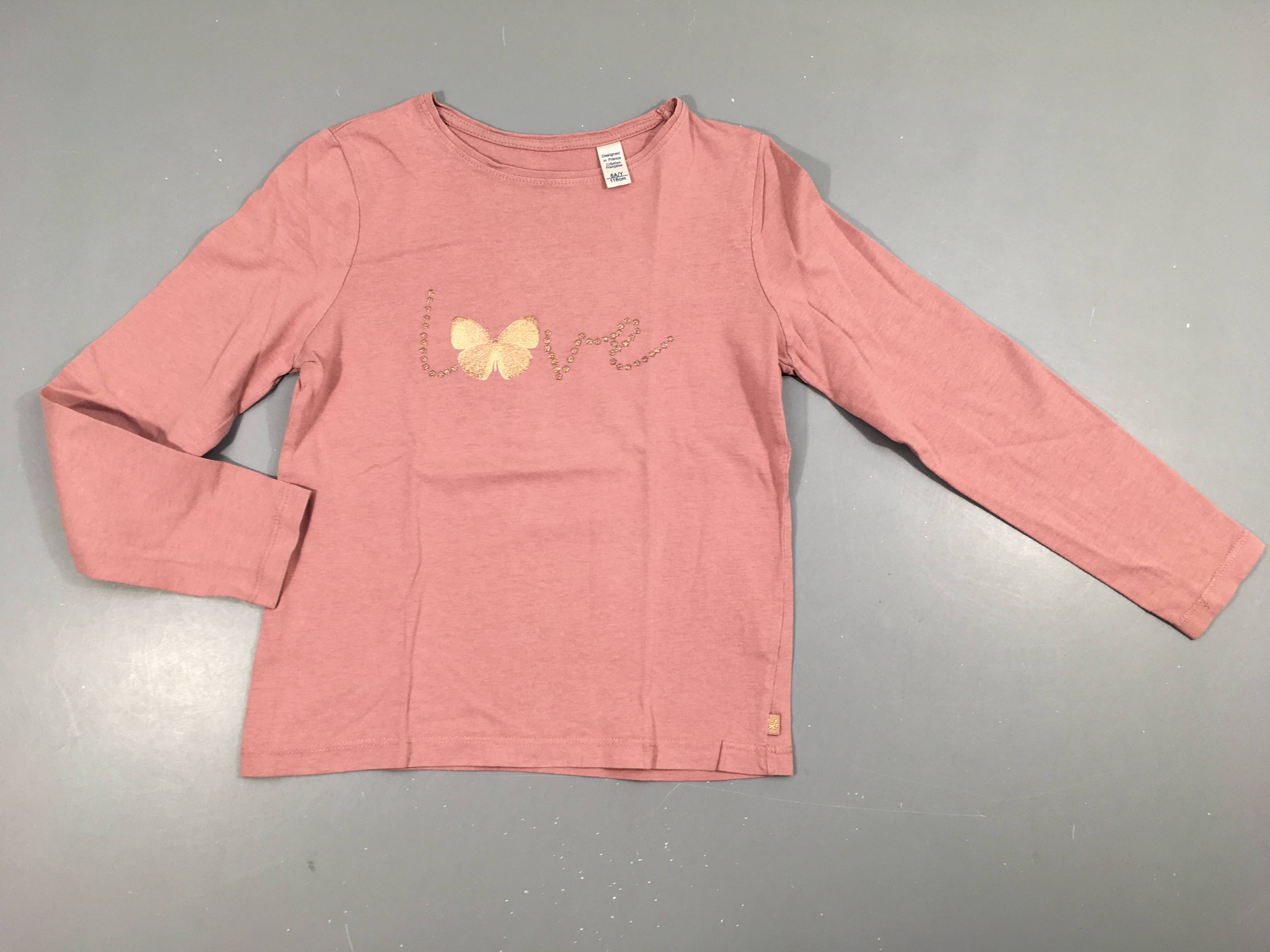 T-shirt m.l rose Love papillon, légèrement bouloché