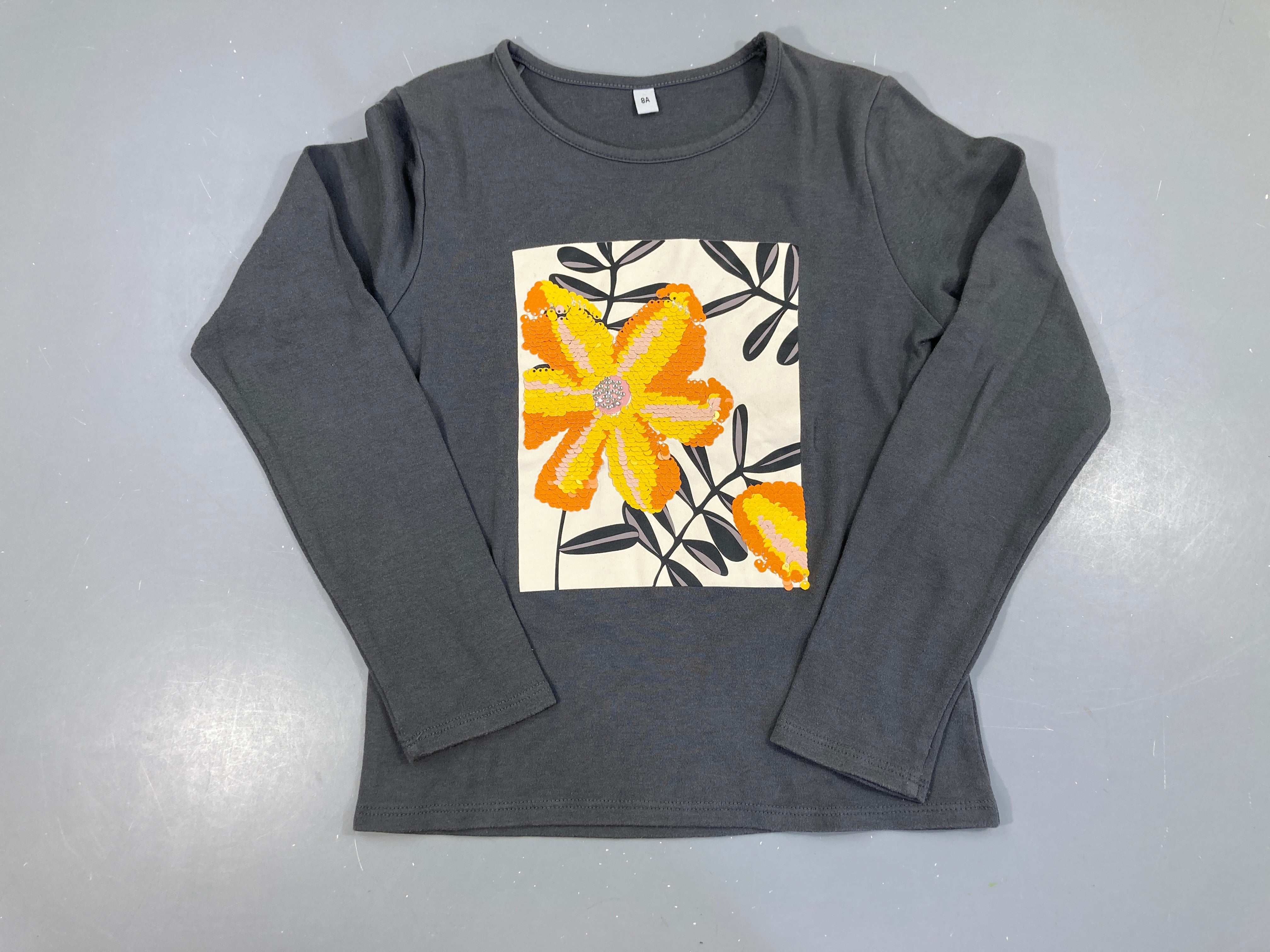 T-shirt m.l gris cadre fleur sequins