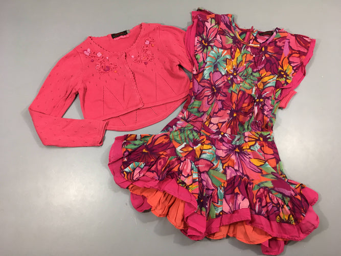 Gilet rose ajouré broderies bouloché + robe m.c multicolore, moins cher chez Petit Kiwi