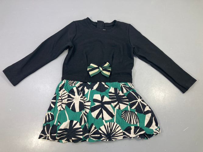 Robe m.l bi-mat noire jupe fleurie verte noeud, moins cher chez Petit Kiwi