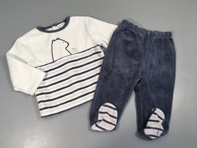 Pyjama 2pcs velours blanc/bleu, moins cher chez Petit Kiwi