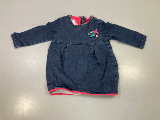 Robe m.l denim bleu badge oiseau noeud rose, moins cher chez Petit Kiwi