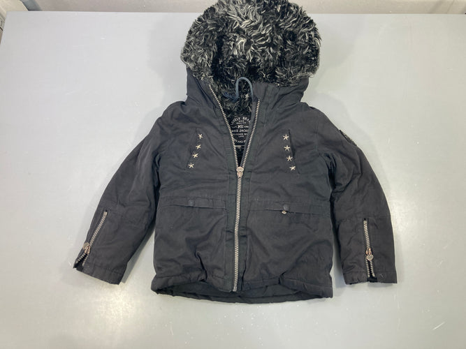 Veste zippée noire capuche fourrure étoiles, moins cher chez Petit Kiwi