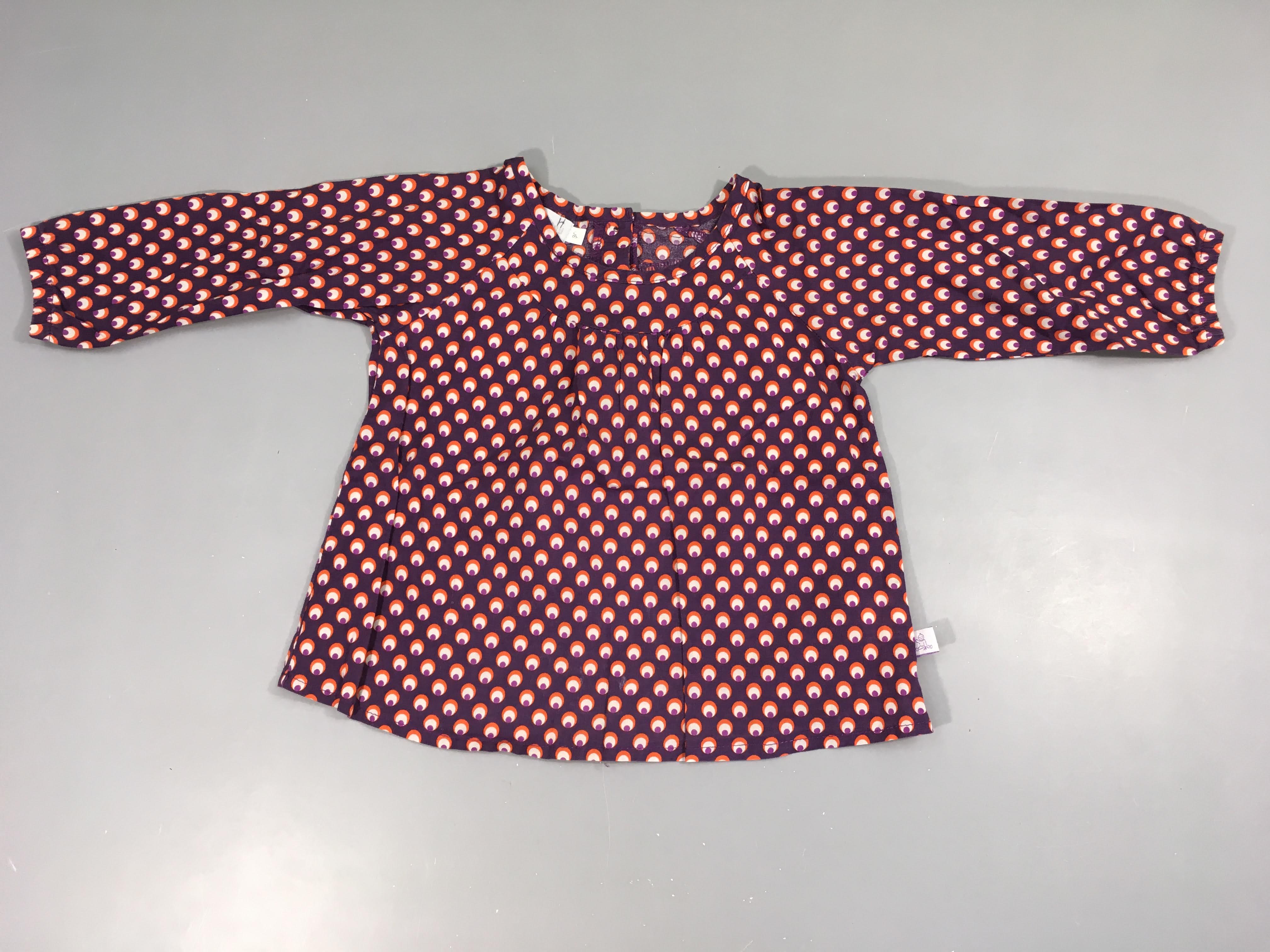 Blouse ml aubergine ronds blancs-oranges