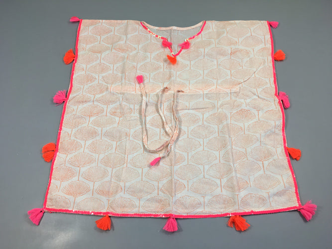 Poncho léger blanc motifs saumons pompons fils Taille estimé, moins cher chez Petit Kiwi