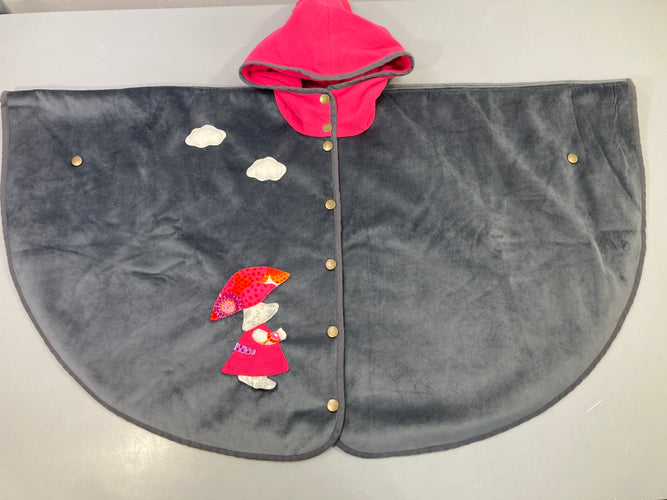 Cape poncho bébé gris velours fillette parapluie capuche rose, doublé peluche, moins cher chez Petit Kiwi