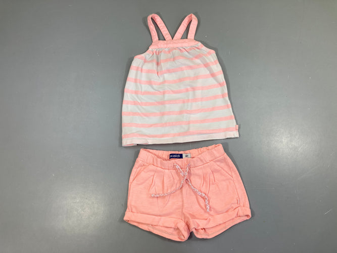 T-shirt s.m blanc rayé rose + short, légèrement bouloché, moins cher chez Petit Kiwi