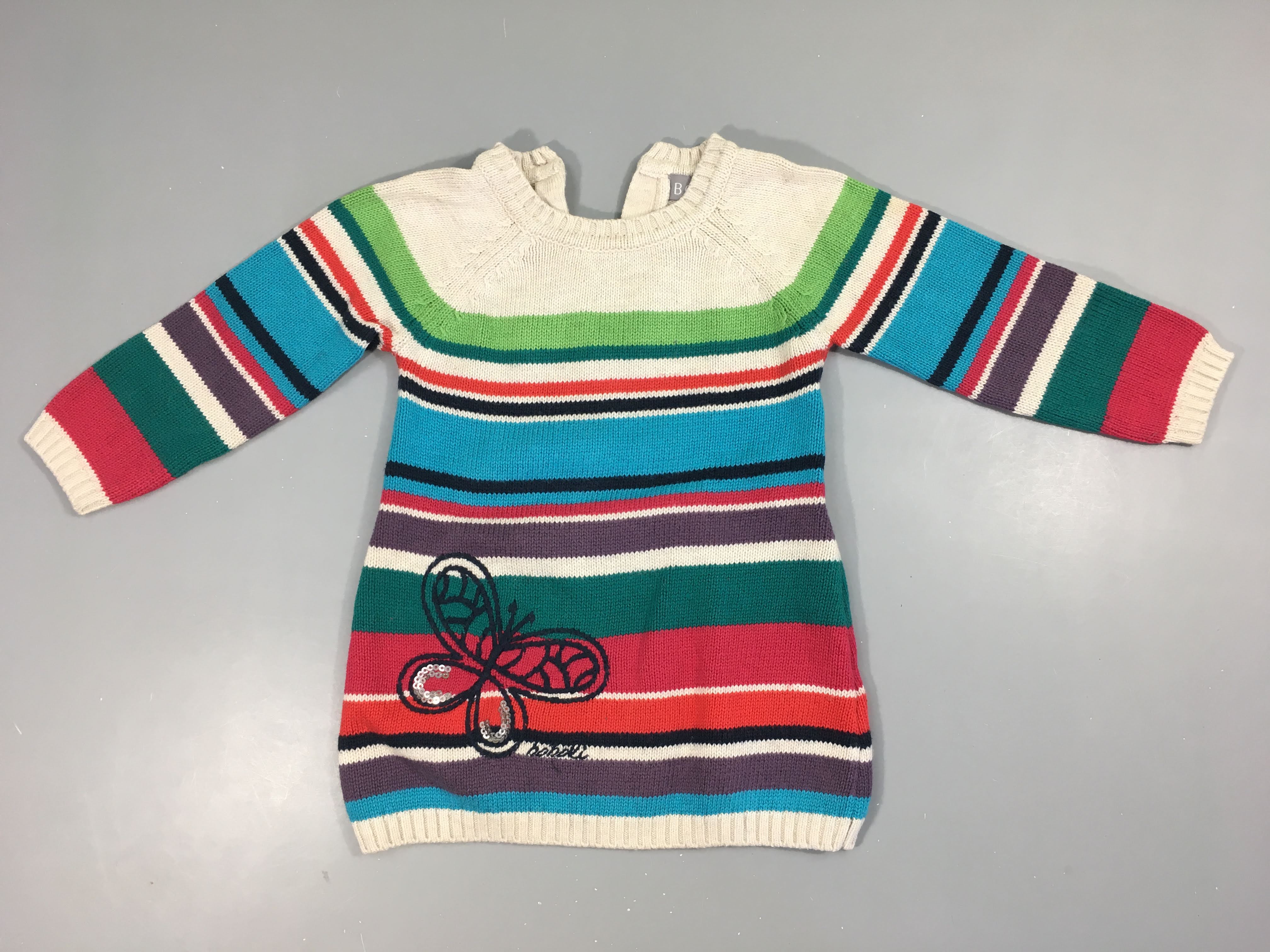 Robe pull ml  écru rayé couleur Papillon brodé bas