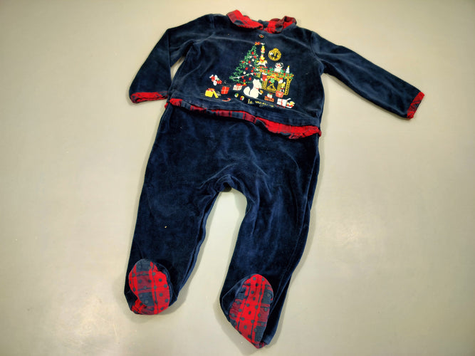 Pyjama velours bleu marine , col à carreaux bleu marine rouge, dessin de noël, moins cher chez Petit Kiwi