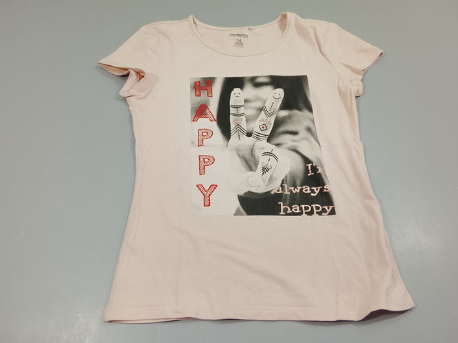T-shirt m.c rose clair, doigts "Happy", moins cher chez Petit Kiwi