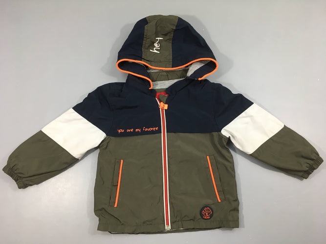 Veste coupe vent à capuche kaki bleu bord orange doublé jersey, moins cher chez Petit Kiwi