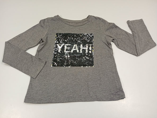 T-shirt m.l gris chiné sequins réversibles noirs / argentés "yeah/ rock girl, légèrement bouloché, moins cher chez Petit Kiwi