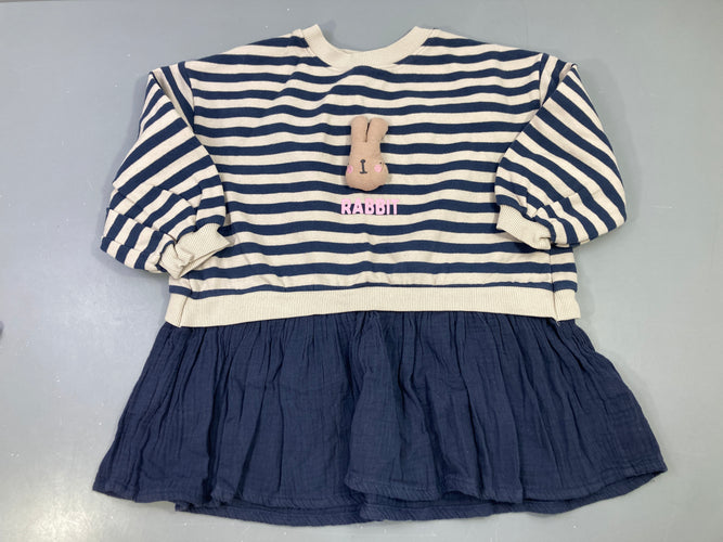 Robe m.l sweatshirt rayé bleu écru, bas coton bleu foncé, moins cher chez Petit Kiwi