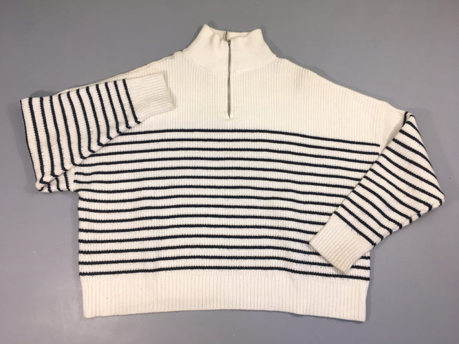 Pull blanc rayé bleu foncé col montant zippé-Taché bas manches, moins cher chez Petit Kiwi