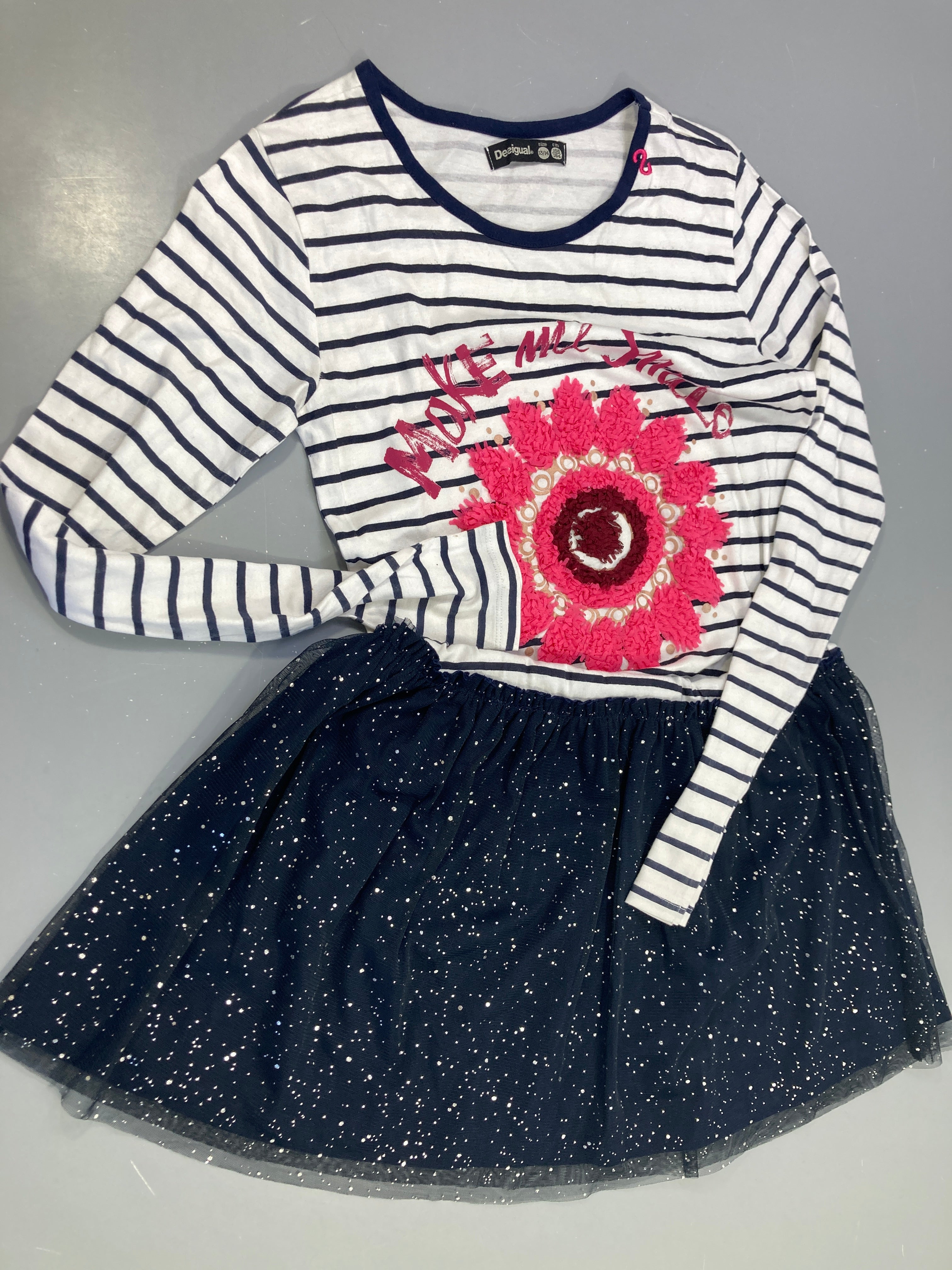 Robe ml  jersey blanc lignes bleues bas voile bleu pois argent, make me s.mile