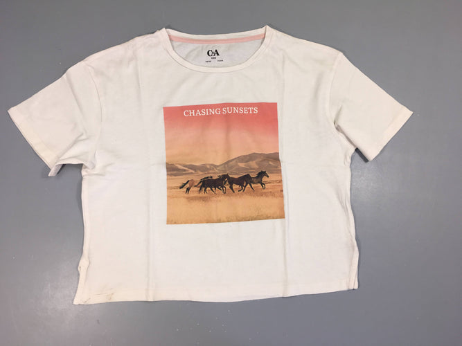 T-shirt m.c court écru chevaux, bas taché, moins cher chez Petit Kiwi