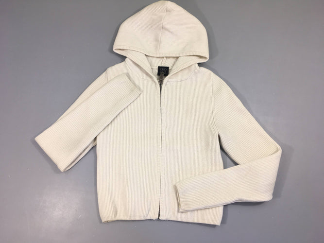 Gilet court zippé à capuche écru, bas des manches un peu taché, moins cher chez Petit Kiwi