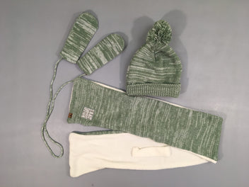 Bonnet mailles chiné blanc doublé polar + écharpe + moufles