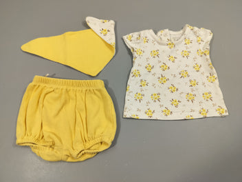 Ensemble T-shirt m.l blanc à fleurs jaunes + bloomer  jaune  texturé + bavoir jaune texturé