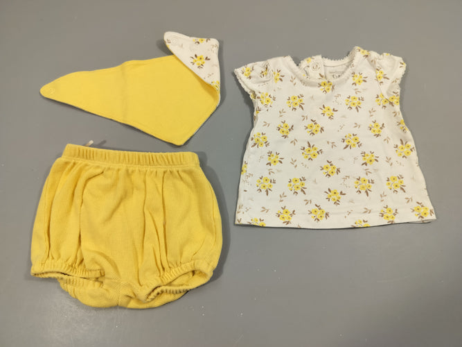 Ensemble T-shirt m.l blanc à fleurs jaunes + bloomer  jaune  texturé + bavoir jaune texturé, moins cher chez Petit Kiwi