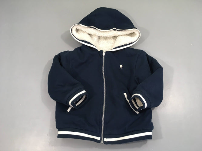 Sweat zippé à capuche bleu foncé réversibles peluche blanc, moins cher chez Petit Kiwi