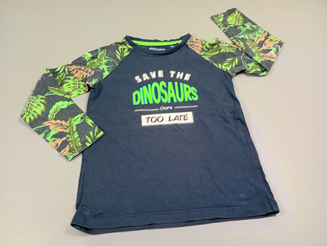 T-shirt m.l bleu marine, manches feuillage. "Save the dinosaurs", moins cher chez Petit Kiwi