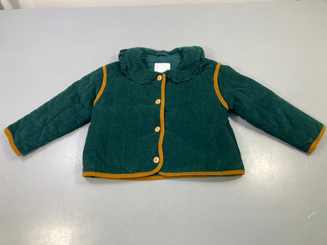 Veste velours côtelé vert col volanté liseré moutarde, moins cher chez Petit Kiwi