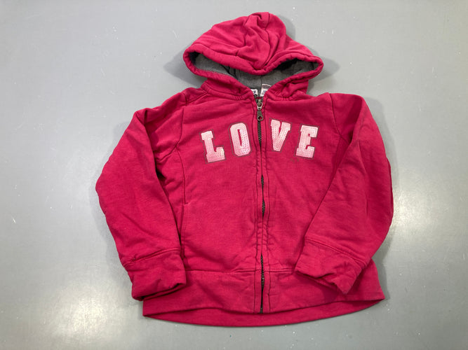 Sweat zippé fuchsia capuche texte LOVE sequins, moins cher chez Petit Kiwi
