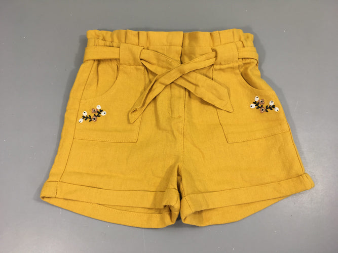 Short à revers moutarde fleurs poches 25%Lin, moins cher chez Petit Kiwi