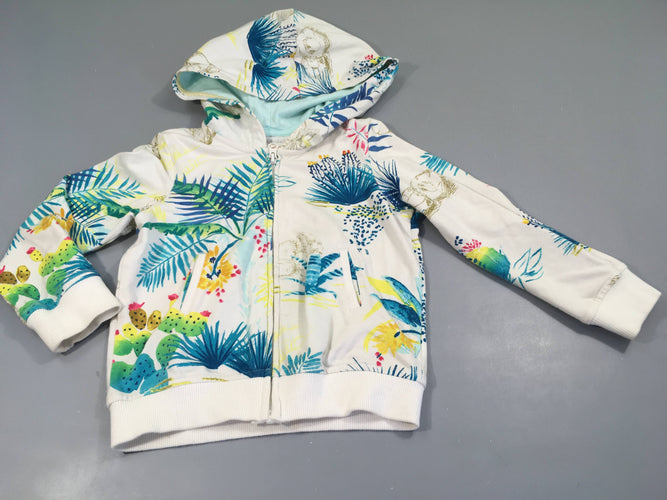 Sweat zippé à capuche blanc motifs bleus-verts-roses, moins cher chez Petit Kiwi