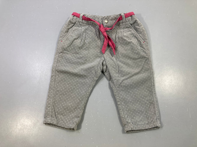 Pantalon velours côtelé gris à pois blanc, ceinture rose, moins cher chez Petit Kiwi