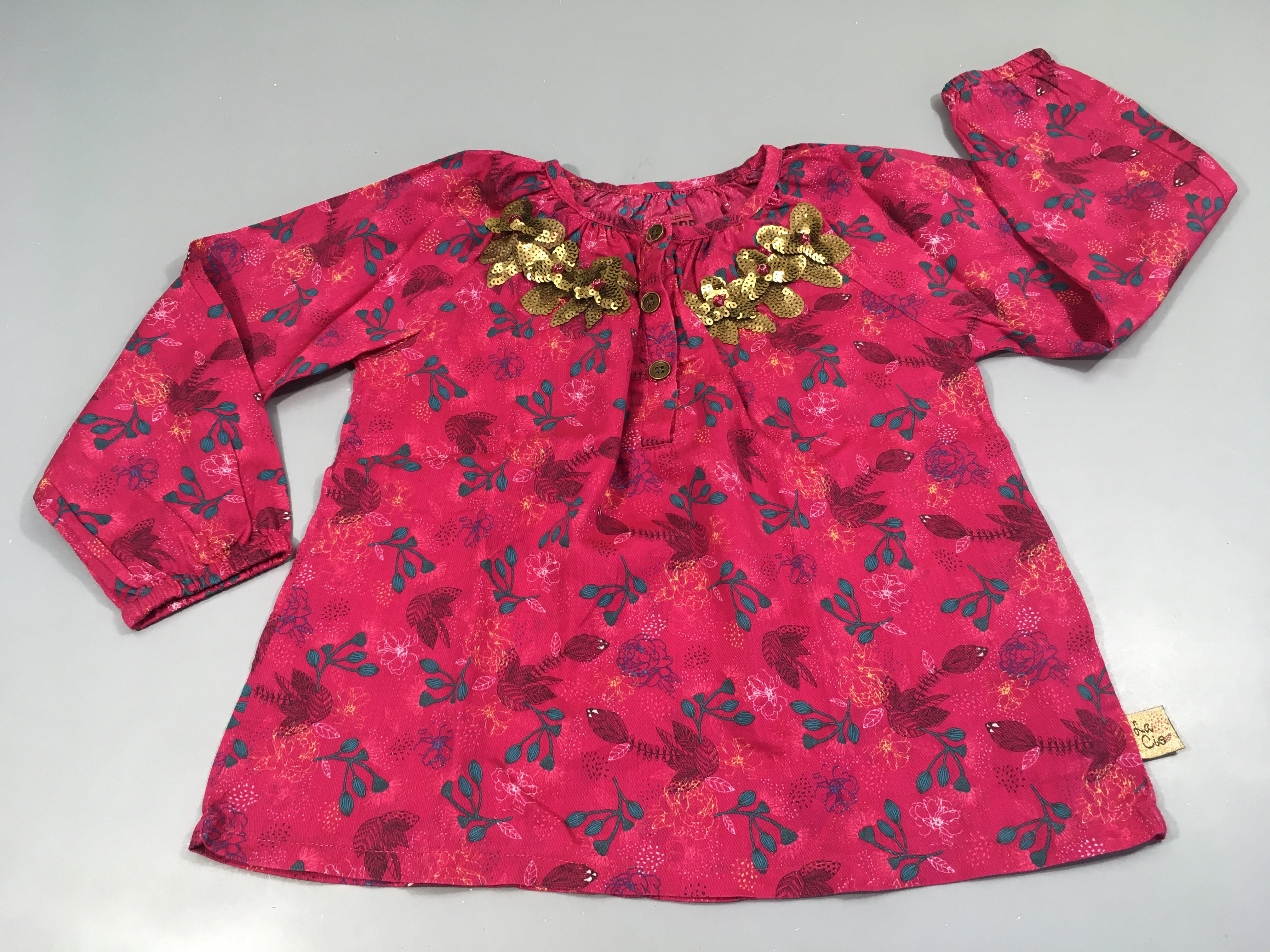 Blouse ml fuchsia fleurs sequins dorés