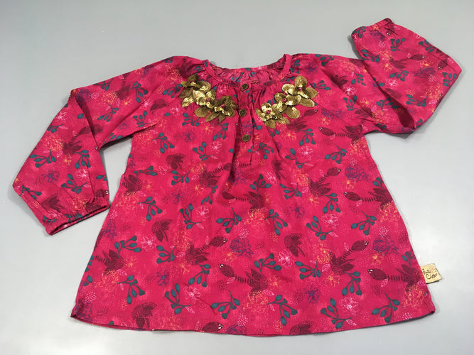 Blouse ml fuchsia fleurs sequins dorés, moins cher chez Petit Kiwi