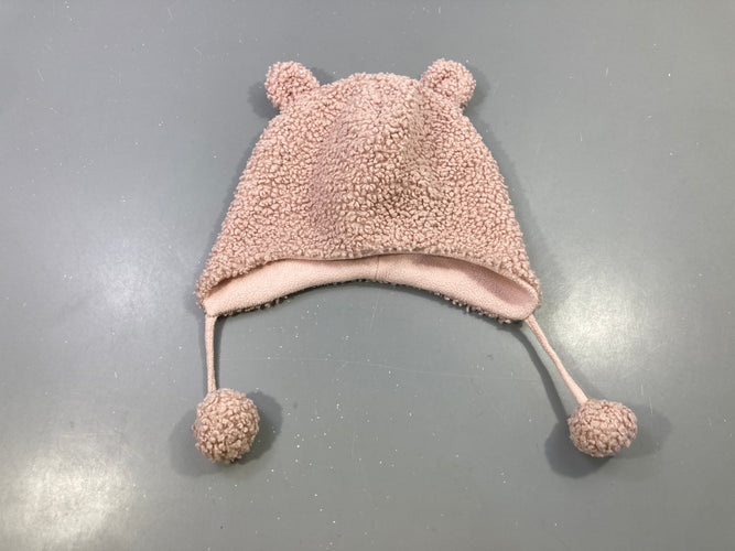 Bonnet rose ours oreilles pompons, fourrure synthétique, moins cher chez Petit Kiwi