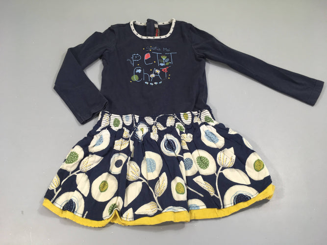 Robe m.l jersey bleu foncé Petit chat fleurs bas, moins cher chez Petit Kiwi