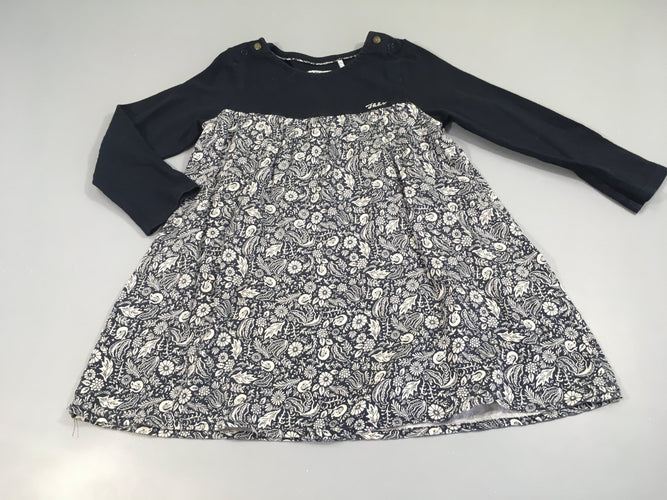 Robe m.l bi-matière bleu foncé jersey haut/ coton feuillage, moins cher chez Petit Kiwi