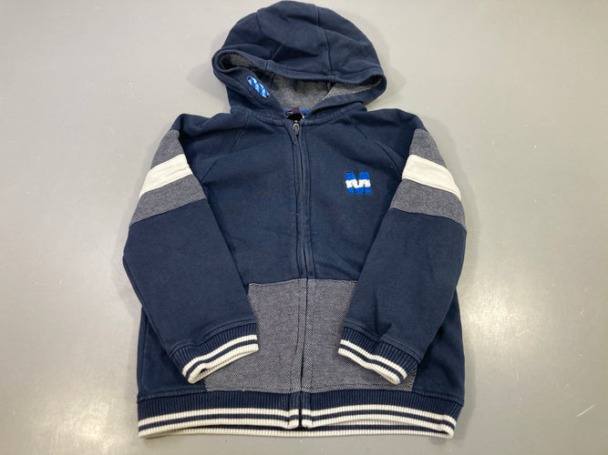 Sweat zippé capuche marine, bandes blanches, patch M, moins cher chez Petit Kiwi