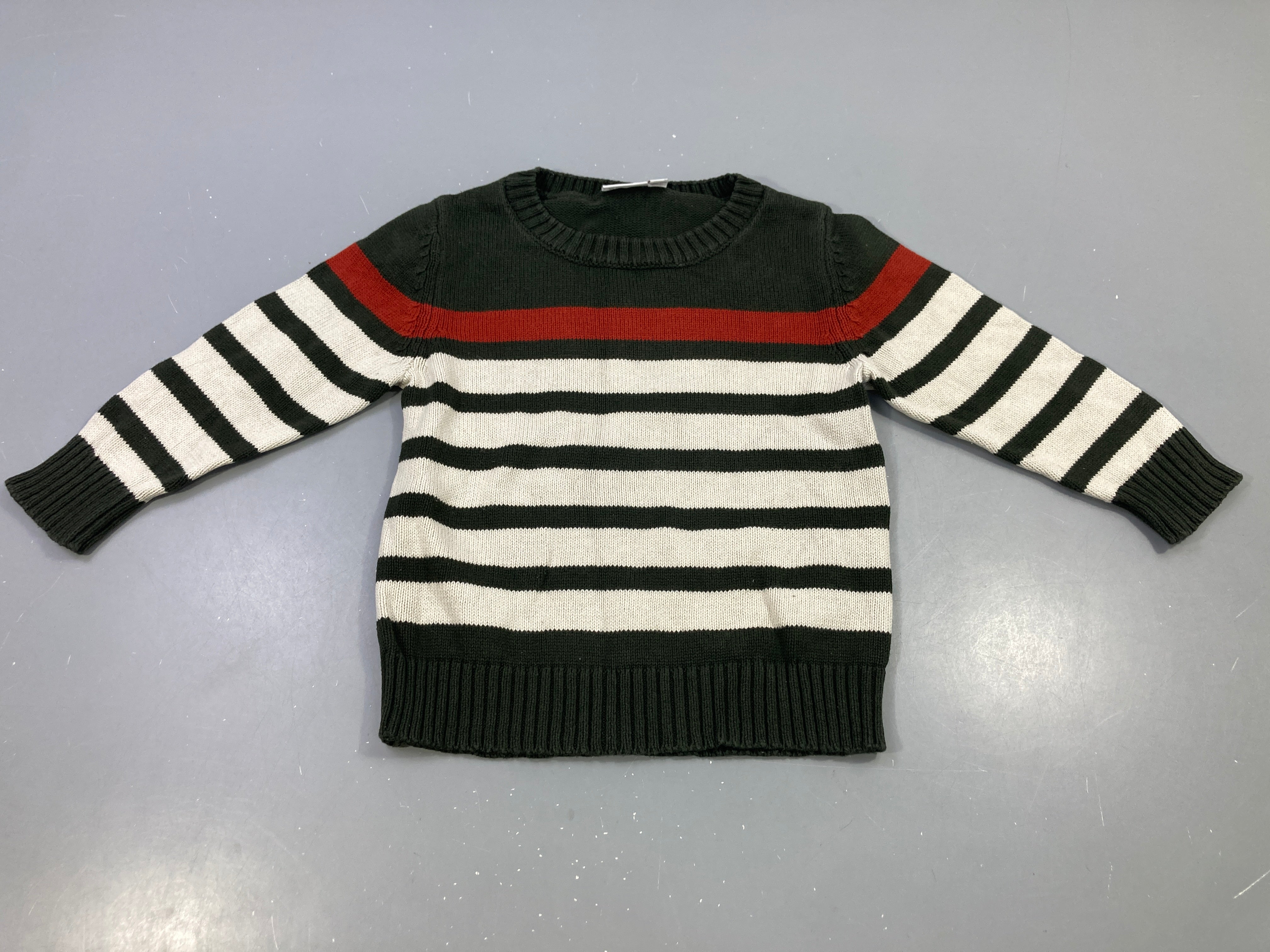 Pull rayé kaki blanc bande rouge